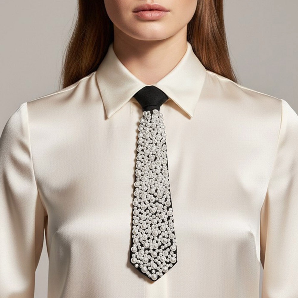 Black & White Pearl Embellished Crystal Tie Statement Necklace